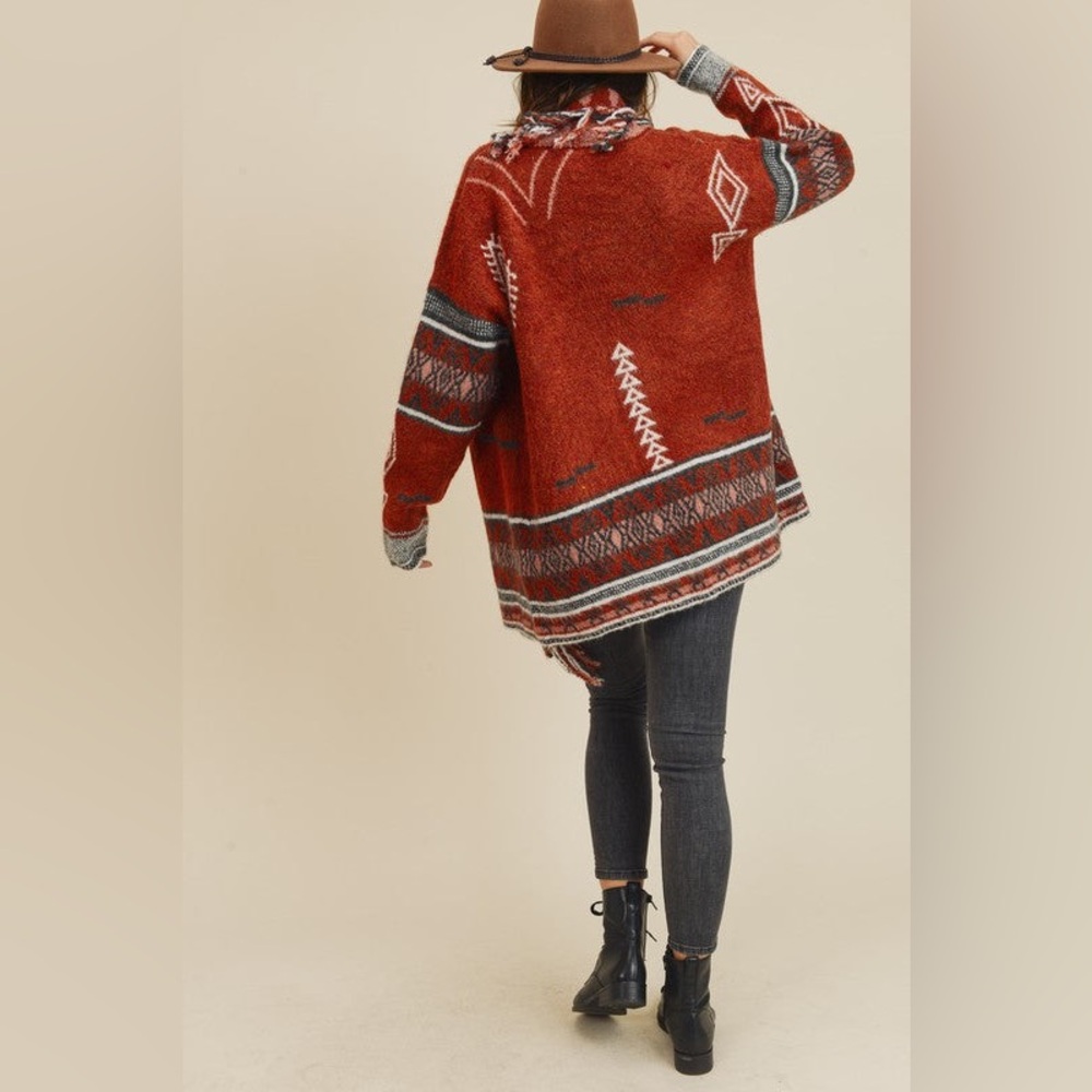 Doe & Rae Aztec Open Front Fringe Cardigan Sweater Brown Multi Size L EXCELLENT! - Picture 8 of 16